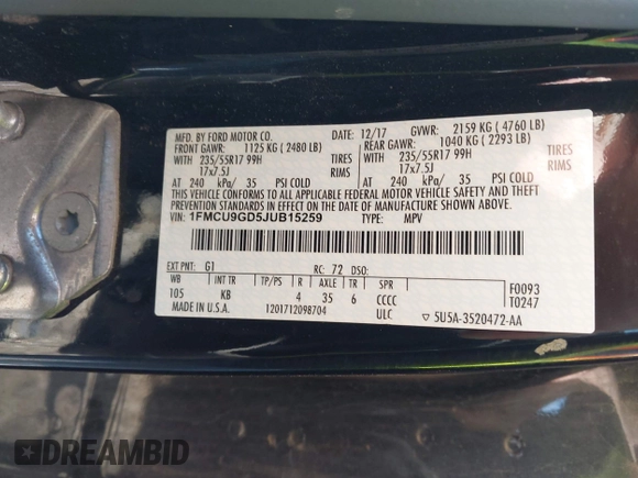 2018 Ford Escape SE z VIN 1FMCU9GD5JUB15259, wystawiony jako IAAI lot #42182040 z przebiegiem 122 194 mil mil oraz . Historia ofert i sprzedaży dostępna na DreamBid. Obrazek 9.