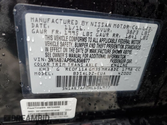 2017 Nissan Sentra SV with VIN 3N1AB7AP0HL656977, listed as a Copart auction lot 50976695 with 102,517 mi miles and Salvage Title. Bid and sale history available at carsss.com. Image 13.