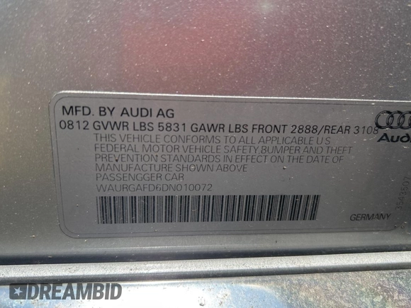 2013 Audi A8 3.0L with VIN WAURGAFD6DN010072, listed as a Copart auction lot 57999295 with 116,555 mi miles and Salvage title. Bid and sale history available at DreamBid. Image 10.