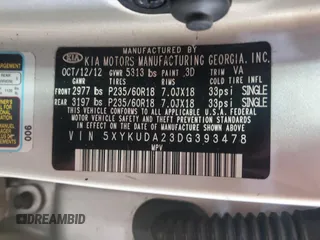 2013 Kia Sorento EX with VIN 5XYKUDA23DG393478, listed as a Copart auction lot 53973585 with 143,469 mi miles and Salvage Title. Bid and sale history available at carsss.com. Image 13.
