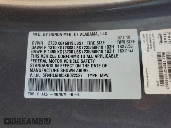 2019 Honda Odyssey Touring with VIN 5FNRL6H85KB022527, listed as a Copart auction lot 43851485 with 104,332 mi miles and Salvage Title. Bid and sale history available at carsss.com. Image 14.