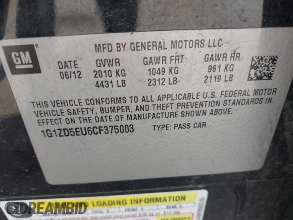 2012 Chevrolet Malibu 2LT with VIN 1G1ZD5EU6CF375003, listed as a IAAI auction lot 42166483 with Not Provided miles and . Bid and sale history available at DreamBid. Image 9.