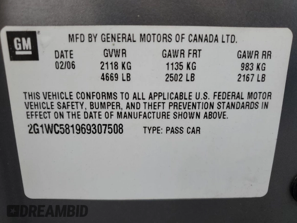 2006 Chevrolet Impala LT 3.9L with VIN 2G1WC581969307508, listed as a Copart auction lot 52126735 with 107,132 mi miles and Salvage Title. Bid and sale history available at DreamBid. Image 15.