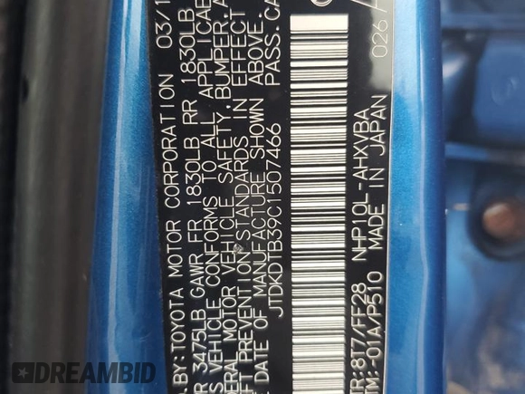 2012 Toyota Prius One z VIN JTDKDTB39C1507466, wystawiony jako Copart lot #55726175 z przebiegiem Nie podano mil oraz Szkoda całkowita • Salvage title. Historia ofert i sprzedaży dostępna na DreamBid. Obrazek 12.