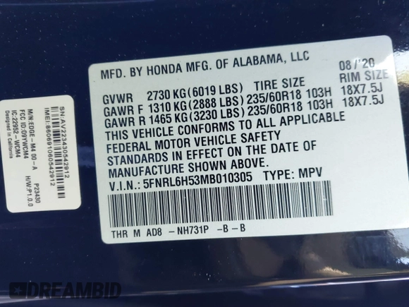 2021 Honda Odyssey EX with VIN 5FNRL6H53MB010305, listed as a IAAI auction lot 41028592 with 39,368 mi miles and . Bid and sale history available at DreamBid. Image 9.