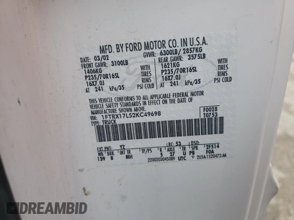 2002 Ford F-150 XL with VIN 1FTRX17L52KC49698, listed as a Copart auction lot 54307145 with 254,394 mi miles and Salvage title. Bid and sale history available at DreamBid. Image 12.