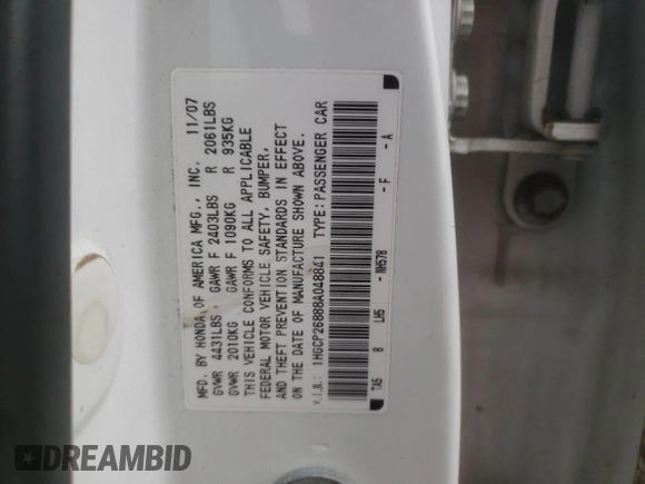 2008 Honda Accord EX-L z VIN 1HGCP26888A048841, wystawiony jako Copart lot #58011095 z przebiegiem 148 302 mil mil oraz Szkoda całkowita • Salvage title. Historia ofert i sprzedaży dostępna na DreamBid. Obrazek 13.