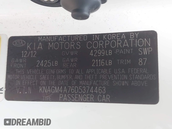 2013 Kia Optima LX with VIN KNAGM4A76D5374463, listed as a IAAI auction lot 42007879 with 167,445 mi miles. Bid and sale history available at carsss.com. Image 9.