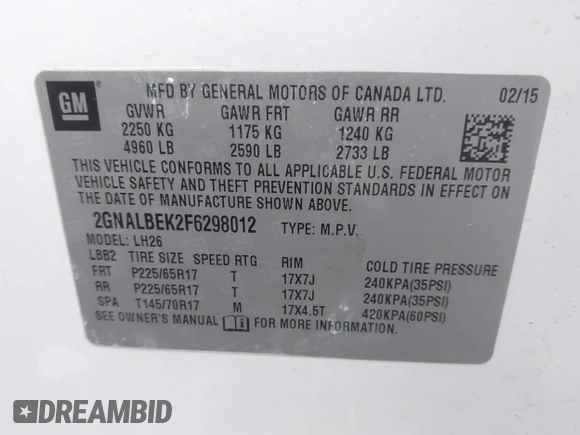 2015 Chevrolet Equinox LT with VIN 2GNALBEK2F6298012, listed as a IAAI auction lot 41960936 with 105,617 mi miles. Bid and sale history available at carsss.com. Image 9.