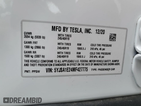 2021 Tesla Model S Long Range Plus z VIN 5YJSA1E24MF427775, wystawiony jako Copart lot #48431165 z przebiegiem 15 801 mil mil oraz Szkoda całkowita • Salvage title. Historia ofert i sprzedaży dostępna na DreamBid. Obrazek 13.