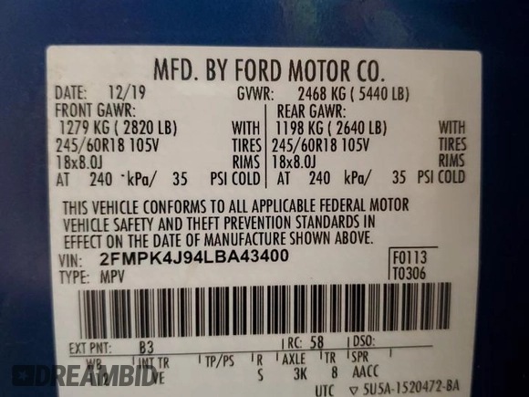 2020 Ford Edge SEL with VIN 2FMPK4J94LBA43400, listed as a Copart auction lot 51965625 with 0 mi miles and Salvage Title. Bid and sale history available at carsss.com. Image 15.