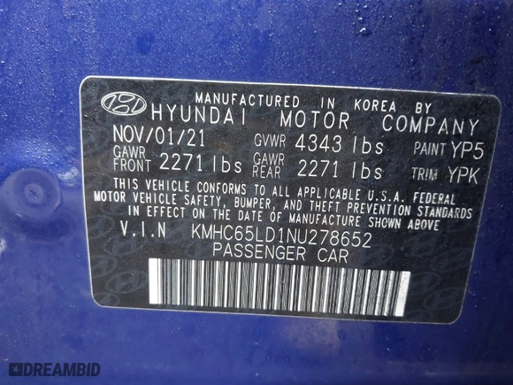2022 Hyundai Ioniq Plug-In Hybrid SE with VIN KMHC65LD1NU278652, listed as a IAAI auction lot 41828778 with 57,711 mi miles. Bid and sale history available at carsss.com. Image 9.