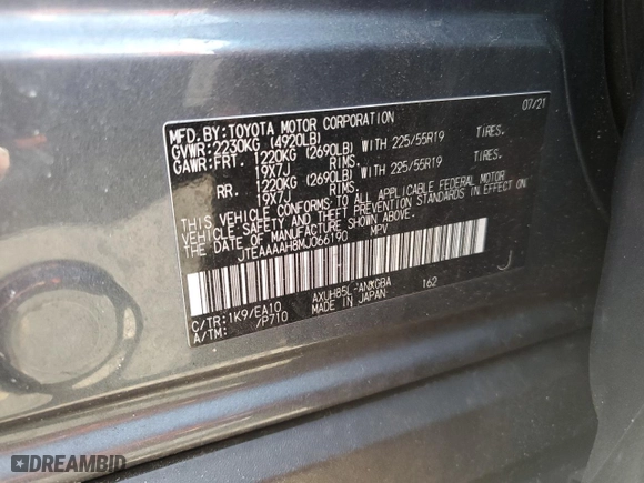 2021 Toyota Venza LE with VIN JTEAAAAH8MJ066190, listed as a Copart auction lot 54007625 with 14,867 mi miles and Salvage Title. Bid and sale history available at carsss.com. Image 14.