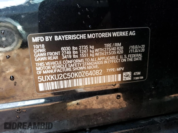 2019 BMW X6 xDrive35i with VIN 5UXKU2C50K0Z64082, listed as a Copart auction lot 37457053 with 63,228 mi miles. Bid and sale history available at carsss.com. Image 13.