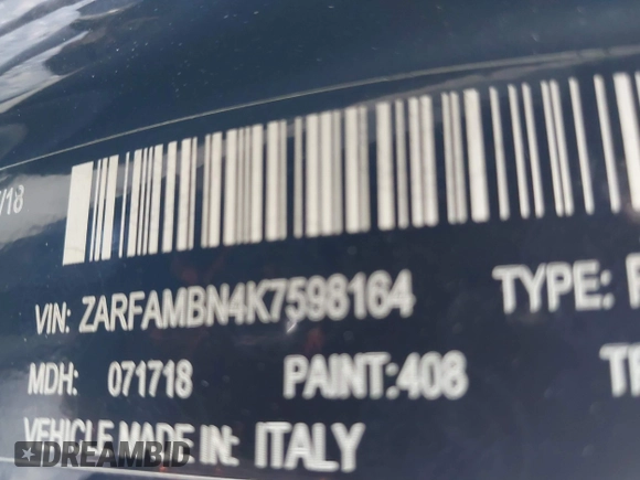 2019 Alfa Romeo Giulia Ti Sport with VIN ZARFAMBN4K7598164, listed as a IAAI auction lot 42146318 with 58,287 mi miles and . Bid and sale history available at DreamBid. Image 9.