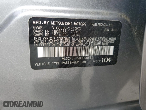 2017 Mitsubishi Mirage ES with VIN ML32F3FJ5HHF09531, listed as a Copart auction lot 58148725 with 71,594 mi miles and Salvage title. Bid and sale history available at DreamBid. Image 12.
