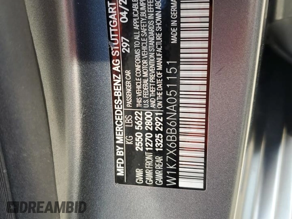 2022 Mercedes-Benz AMG GT 53 с VIN W1K7X6BB6NA051151, выставлен на аукционе Copart как лот 61216855 с пробегом 27 782 миль миль и Списание • Salvage title. История ставок и продаж доступна на DreamBid. Изображение 12.