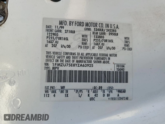 2000 Ford Explorer z VIN 1FMZU75E8YZA63925, wystawiony jako Copart lot #88376205 z przebiegiem 317 731 mil mil oraz Czysty tytuł • Clean title. Historia ofert i sprzedaży dostępna na DreamBid. Obrazek 13.