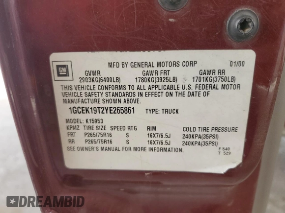 2000 Chevrolet Silverado 1500 LT with VIN 1GCEK19T2YE265861, listed as a Copart auction lot 56941675 with 159,115 mi miles and Salvage Title. Bid and sale history available at DreamBid. Image 12.