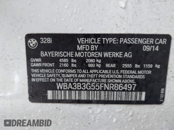 2015 BMW 3 Series 328i xDrive with VIN WBA3B3G55FNR86497, listed as a IAAI auction lot 42350645 with 56,688 mi miles and . Bid and sale history available at DreamBid. Image 9.