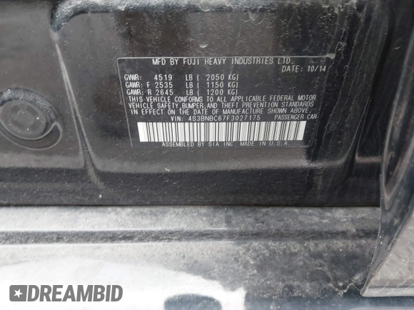 2015 Subaru Legacy Premium with VIN 4S3BNBC67F3027175, listed as a IAAI auction lot 41914430 with 193,867 mi miles and . Bid and sale history available at DreamBid. Image 9.
