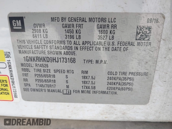 2017 Chevrolet Traverse LT with VIN 1GNKRHKD9HJ173168, listed as a IAAI auction lot 41898544 with 159,419 mi miles and . Bid and sale history available at DreamBid. Image 9.