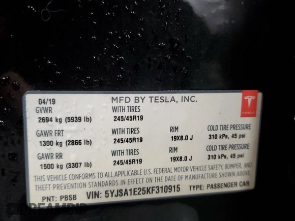 2019 Tesla Model S 75D z VIN 5YJSA1E25KF310915, wystawiony jako Copart lot #58130705 z przebiegiem 61 330 mil mil oraz Szkoda całkowita • Salvage title. Historia ofert i sprzedaży dostępna na DreamBid. Obrazek 14.