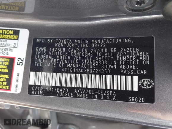 2023 Toyota Camry SE with VIN 4T1G11AK3PU721350, listed as a IAAI auction lot 41835561 with 102,237 mi miles and . Bid and sale history available at DreamBid. Image 9.