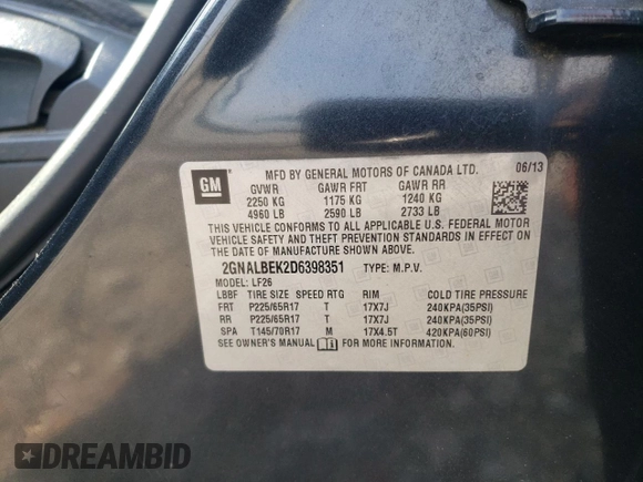 2013 Chevrolet Equinox LS with VIN 2GNALBEK2D6398351, listed as a Copart auction lot 54650195 with 165,976 mi miles and Clean Title. Bid and sale history available at carsss.com. Image 13.