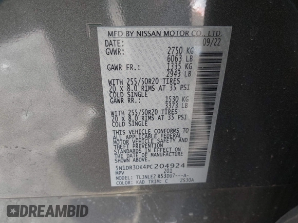 2023 Nissan Pathfinder Platinum with VIN 5N1DR3DK4PC204924, listed as a IAAI auction lot 41366352 with 25,918 mi miles and . Bid and sale history available at DreamBid. Image 9.