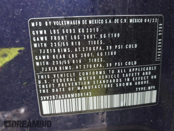 2022 Volkswagen Tiguan SE with VIN 3VV2B7AX8NM098143, listed as a IAAI auction lot 42209345 with 32,891 mi miles and . Bid and sale history available at DreamBid. Image 9.