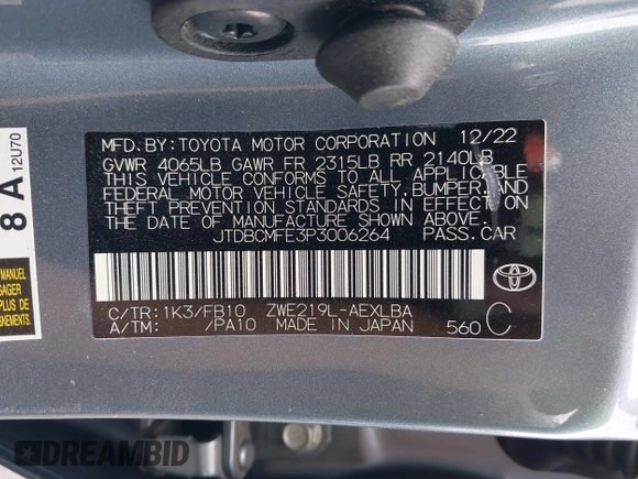 2023 Toyota Corolla Hybrid LE with VIN JTDBCMFE3P3006264, listed as a IAAI auction lot 41923213 with 75,849 mi miles and . Bid and sale history available at carsss.com. Image 9.