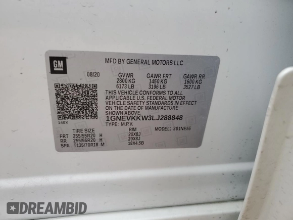 2020 Chevrolet Traverse Premier with VIN 1GNEVKKW3LJ288848, listed as a Copart auction lot 44077785 with 89,875 mi miles and Salvage Title. Bid and sale history available at carsss.com. Image 15.