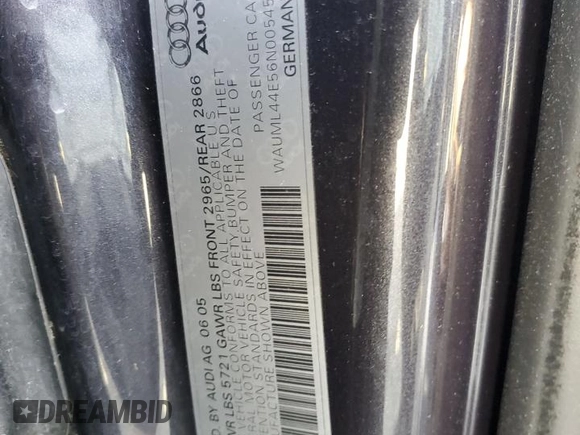 2006 Audi A8 4.2L with VIN WAUML44E56N005452, listed as a Copart auction lot 45967765 with 175,697 mi miles and Salvage title. Bid and sale history available at DreamBid. Image 12.