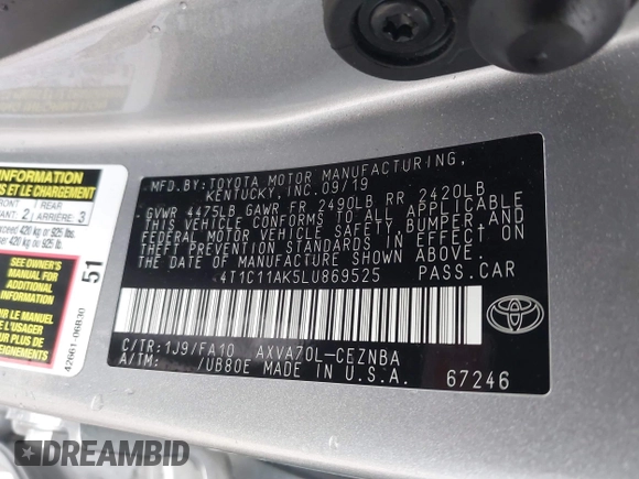 2020 Toyota Camry LE with VIN 4T1C11AK5LU869525, listed as a IAAI auction lot 41693706 with 134,201 mi miles. Bid and sale history available at carsss.com. Image 9.