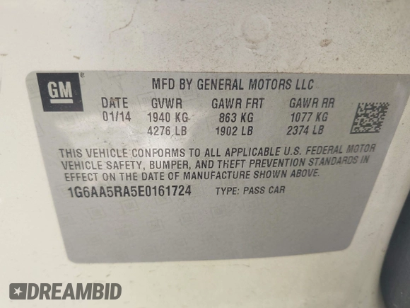 2014 Cadillac ATS Standard RWD with VIN 1G6AA5RA5E0161724, listed as a IAAI auction lot 41977910 with 81,205 mi miles and . Bid and sale history available at DreamBid. Image 9.