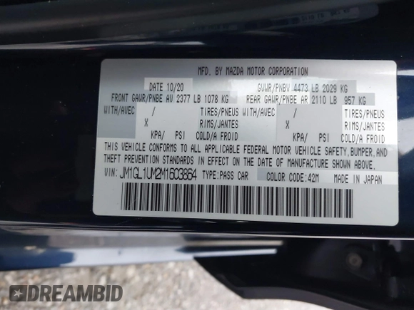 2021 Mazda 6 Sport with VIN JM1GL1UM2M1603864, listed as a IAAI auction lot 40888687 with 36,311 mi miles and . Bid and sale history available at carsss.com. Image 9.
