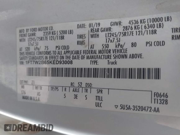 2019 Ford F-250 XL with VIN 1FT7W2B65KED93008, listed as a IAAI auction lot 42524436 with 258,924 mi miles and . Bid and sale history available at DreamBid. Image 9.