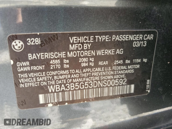 2013 BMW 3 Series 328i xDrive with VIN WBA3B5G53DNS00592, listed as a Copart auction lot 41590265 with 125,524 mi miles and Salvage Title. Bid and sale history available at carsss.com. Image 13.