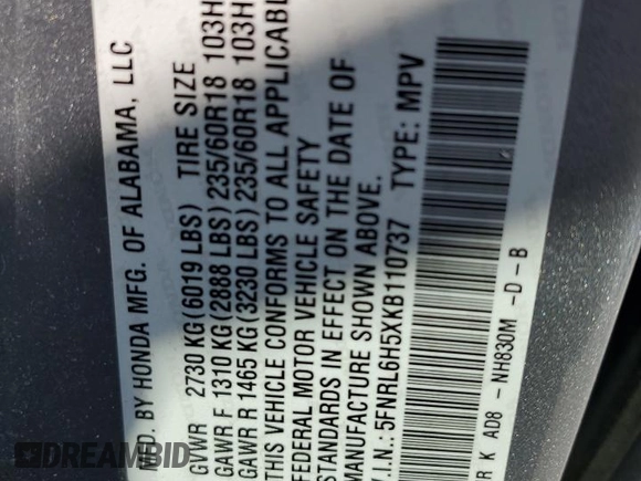 2019 Honda Odyssey EX with VIN 5FNRL6H5XKB110737, listed as a Copart auction lot 62190115 with 82,539 mi miles and Salvage title. Bid and sale history available at DreamBid. Image 14.