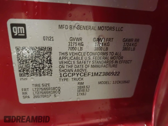 2021 Chevrolet Silverado 1500 Custom Trail Boss with VIN 1GCPYCEF1MZ386922, listed as a IAAI auction lot 41858403 with 61,155 mi miles and . Bid and sale history available at DreamBid. Image 9.