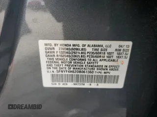 2013 Honda Pilot EX-L with VIN 5FNYF4H62DB061360, listed as a Copart auction lot 64171285 with 115,185 mi miles and Salvage title. Bid and sale history available at DreamBid. Image 12.