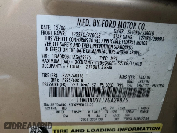 2007 Ford Freestyle Limited z VIN 1FMDK03117GA29875, wystawiony jako Copart lot #81833514 z przebiegiem 186 012 mil mil oraz Szkoda całkowita • Salvage title. Historia ofert i sprzedaży dostępna na DreamBid. Obrazek 13.