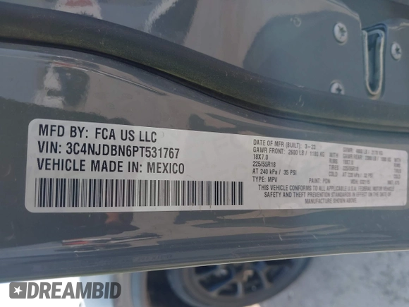 2023 Jeep Compass Latitude with VIN 3C4NJDBN6PT531767, listed as a IAAI auction lot 42254833 with 57,630 mi miles and . Bid and sale history available at DreamBid. Image 9.