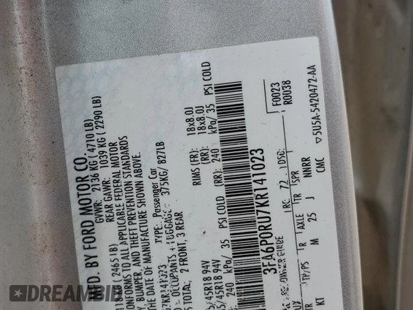2019 Ford Fusion Titanium with VIN 3FA6P0RU7KR141023, listed as a Copart auction lot 55587225 with 120,267 mi miles and Clean title. Bid and sale history available at DreamBid. Image 12.