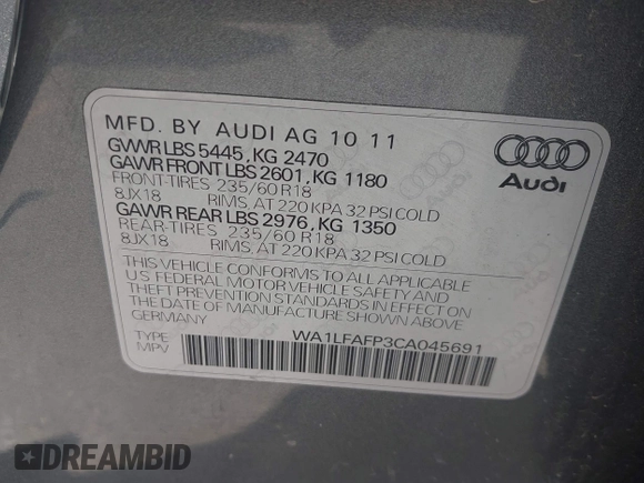 2012 Audi Q5 Premium Plus z VIN WA1LFAFP3CA045691, wystawiony jako IAAI lot #42197950 z przebiegiem 217 308 mil mil oraz . Historia ofert i sprzedaży dostępna na DreamBid. Obrazek 9.
