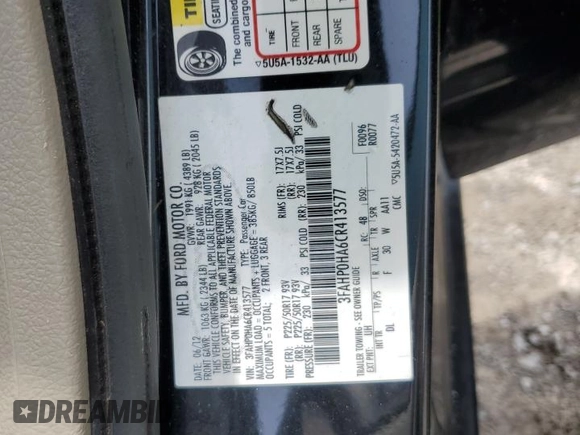 2012 Ford Fusion SE with VIN 3FAHP0HA6CR413577, listed as a Copart auction lot 63110305 with 110,915 mi miles and Salvage title. Bid and sale history available at DreamBid. Image 12.