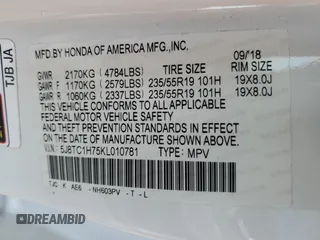 2019 Acura RDX w/Advance Pkg with VIN 5J8TC1H75KL010781, listed as a Copart auction lot 74355314 with 0 mi miles and Non Repairable. Bid and sale history available at carsss.com. Image 14.