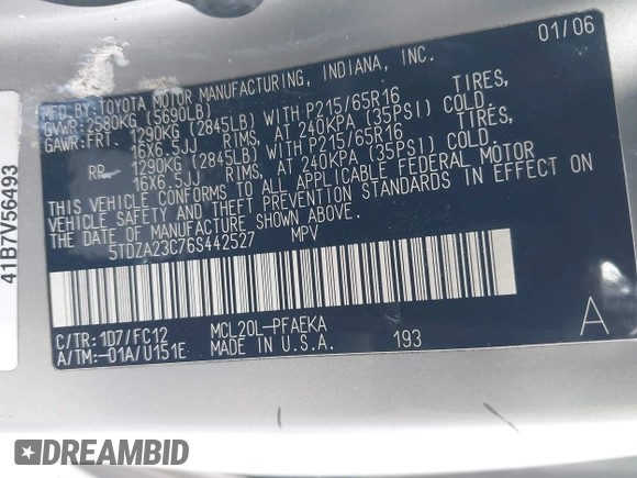 2006 Toyota Sienna CE with VIN 5TDZA23C76S442527, listed as a IAAI auction lot 41981847 with 141,000 mi miles and . Bid and sale history available at DreamBid. Image 9.