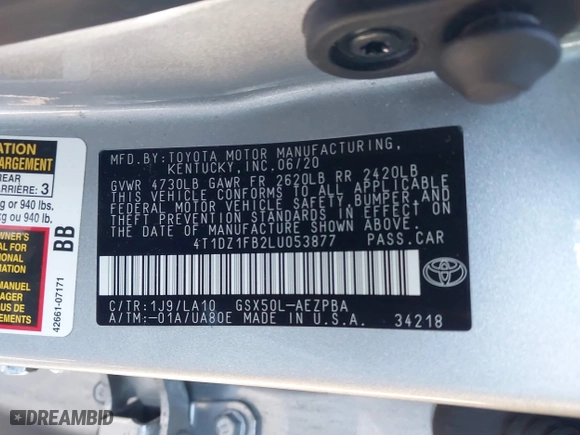 2020 Toyota Avalon Limited with VIN 4T1DZ1FB2LU053877, listed as a IAAI auction lot 41725361 with 24,552 mi miles. Bid and sale history available at carsss.com. Image 9.